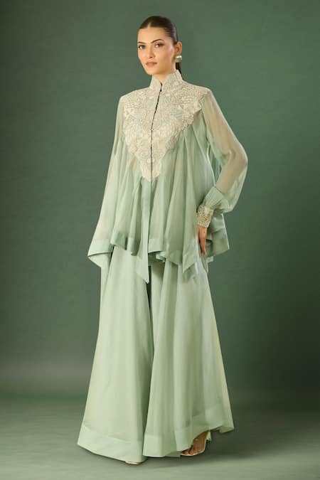 Anamika Khanna Blue Chiffon Embroidery Mandarin Collar Pale Tunic And Sharara Set 