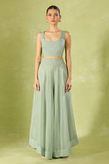 Anamika Khanna_Blue Chiffon Embroidery Mandarin Collar Pale Tunic And Sharara Set _Online_at_Aza_Fashions