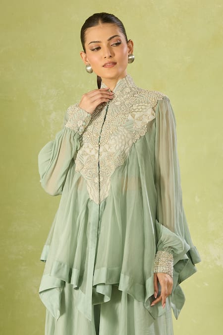 Buy_Anamika Khanna_Blue Chiffon Embroidery Mandarin Collar Pale Tunic And Sharara Set _Online_at_Aza_Fashions