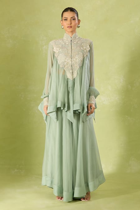 Buy_Anamika Khanna_Blue Chiffon Embroidery Mandarin Collar Pale Tunic And Sharara Set 