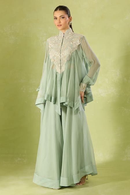 Shop_Anamika Khanna_Blue Chiffon Embroidery Mandarin Collar Pale Tunic And Sharara Set 