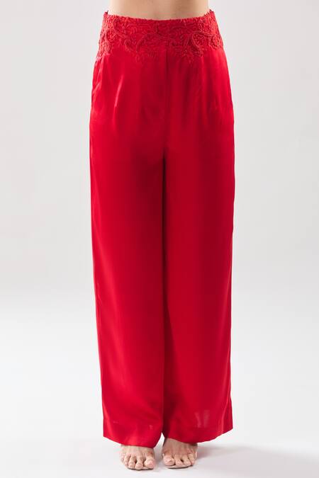 Anamika Khanna Red Embroidery V-neck Draped Top And Pant Set Online at Aza Fashions Anamika Khanna_Red Embroidery V-neck Draped Top And Pant Set_Online_at_Aza_Fashions