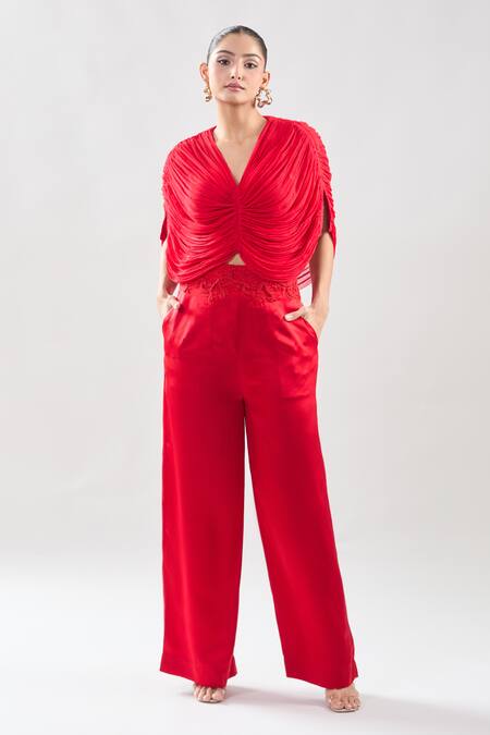 Buy Anamika Khanna Red Embroidery V-neck Draped Top And Pant Set Online at Aza Fashions Buy_Anamika Khanna_Red Embroidery V-neck Draped Top And Pant Set_Online_at_Aza_Fashions