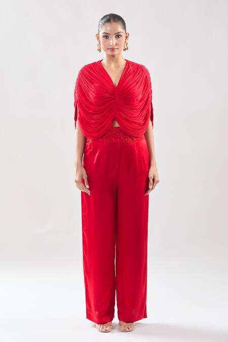 Shop Anamika Khanna Red Embroidery V-neck Draped Top And Pant Set Online at Aza Fashions Shop_Anamika Khanna_Red Embroidery V-neck Draped Top And Pant Set_Online_at_Aza_Fashions