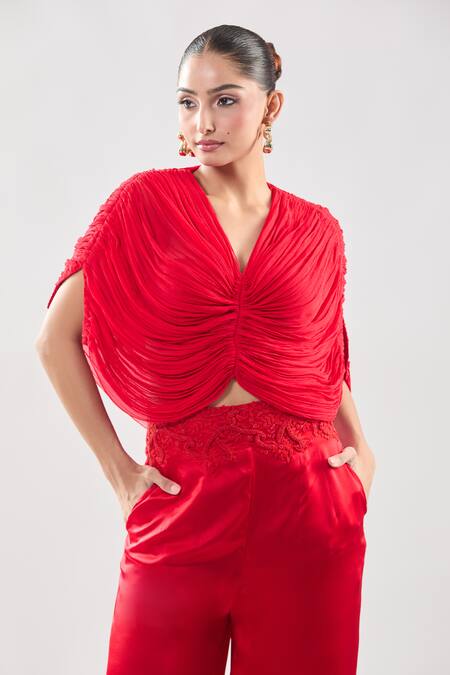 Anamika Khanna Red Embroidery V-neck Draped Top And Pant Set at Aza Fashions Anamika Khanna_Red Embroidery V-neck Draped Top And Pant Set_at_Aza_Fashions