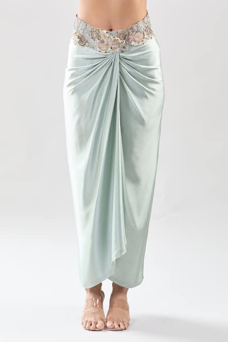 Anamika Khanna_Multi Color Silk Sequins, Embroidery V-neck Paisley Jacket And Draped Skirt Set _Online_at_Aza_Fashions