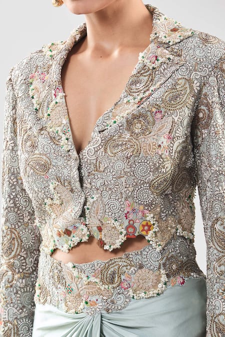 Buy_Anamika Khanna_Multi Color Silk Sequins, Embroidery V-neck Paisley Jacket And Draped Skirt Set _Online_at_Aza_Fashions
