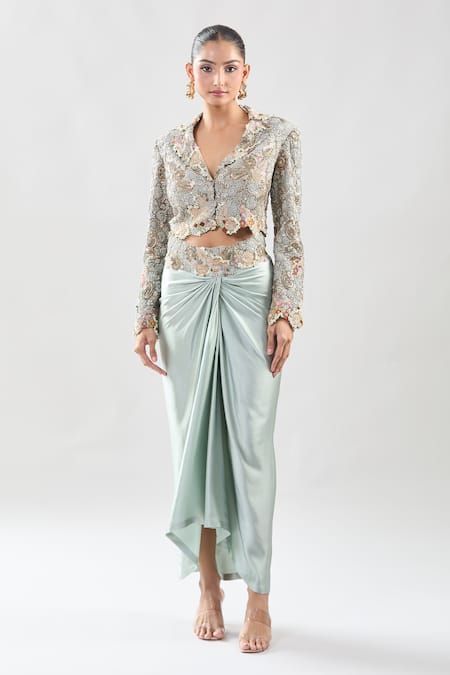 Shop_Anamika Khanna_Multi Color Silk Sequins, Embroidery V-neck Paisley Jacket And Draped Skirt Set _Online_at_Aza_Fashions