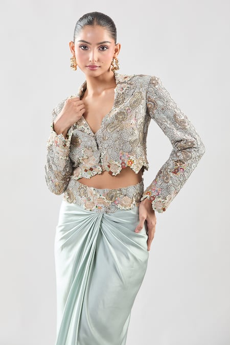 Anamika Khanna_Multi Color Silk Sequins, Embroidery V-neck Paisley Jacket And Draped Skirt Set _at_Aza_Fashions