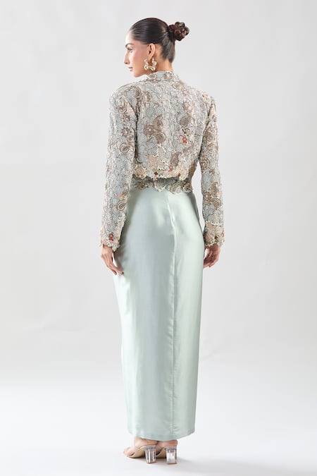 Anamika Khanna Paisley Embroidered Jacket & Draped Skirt Set 