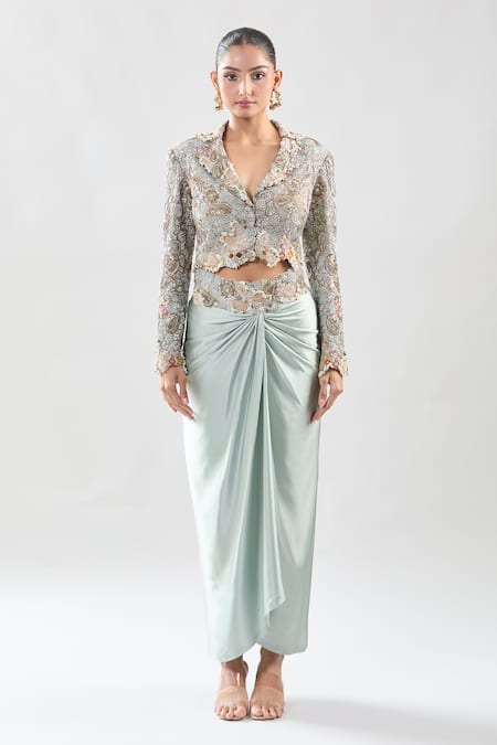 Buy_Anamika Khanna_Multi Color Silk Sequins, Embroidery V-neck Paisley Jacket And Draped Skirt Set 