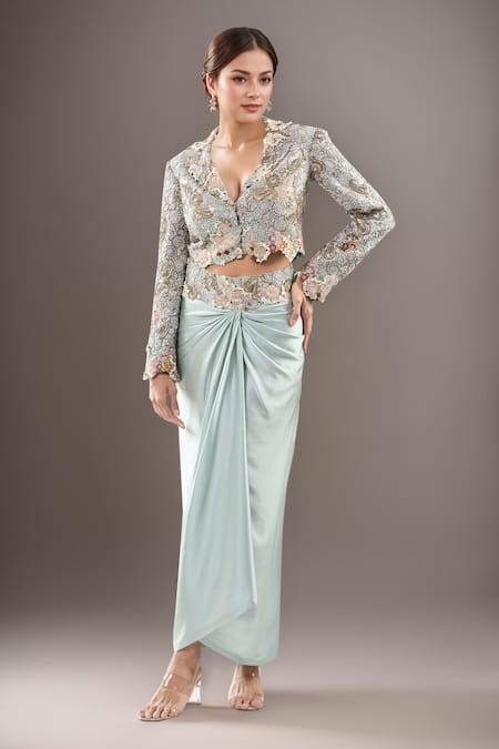 Anamika Khanna Multi Color Silk Sequins, Embroidery V-neck Paisley Jacket And Draped Skirt Set 