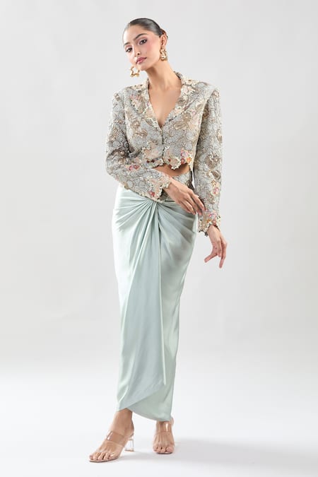 Shop_Anamika Khanna_Multi Color Silk Sequins, Embroidery V-neck Paisley Jacket And Draped Skirt Set 