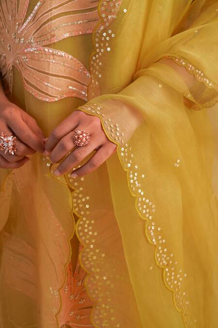 One Not Two_Yellow Silk Organza Sequins Scalloped Embroidered Dupatta _at_Aza_Fashions