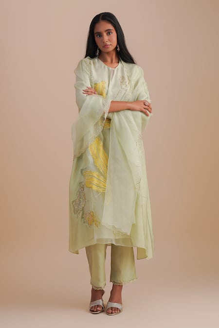 One Not Two_Green Silk Organza Sequins Scalloped Embroidered Dupatta _Online_at_Aza_Fashions