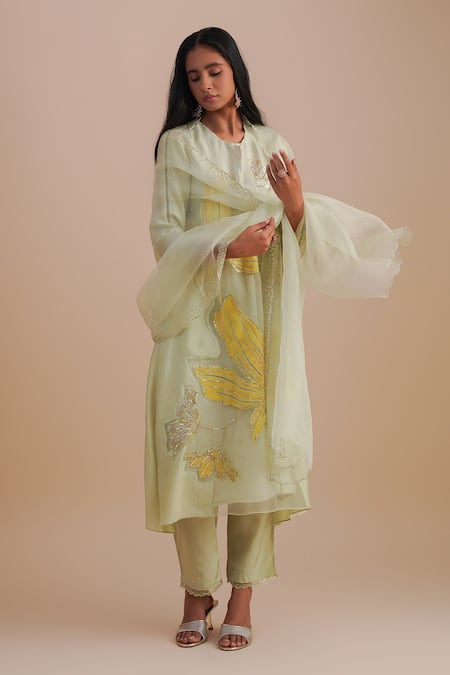 One Not Two Green Silk Organza Sequins Scalloped Embroidered Dupatta 