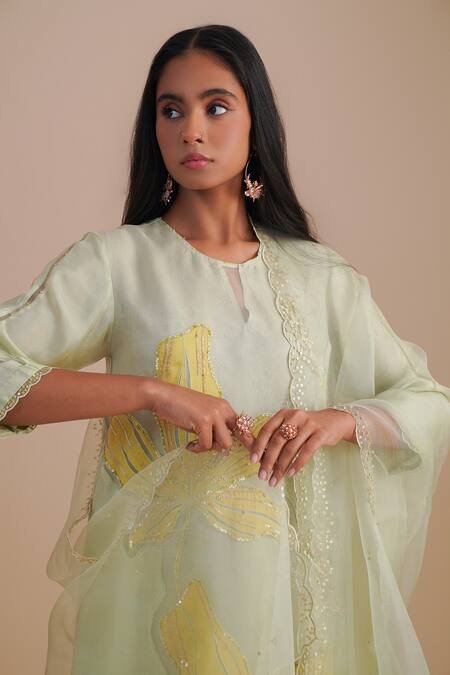 Shop_One Not Two_Green Silk Organza Sequins Scalloped Embroidered Dupatta _Online_at_Aza_Fashions