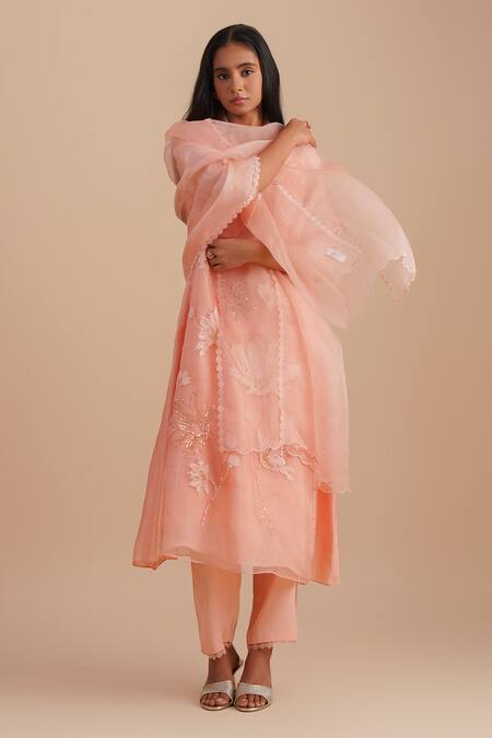 One Not Two_Pink Silk Organza Sequins, Lace Floral Embroidered Dupatta _Online_at_Aza_Fashions