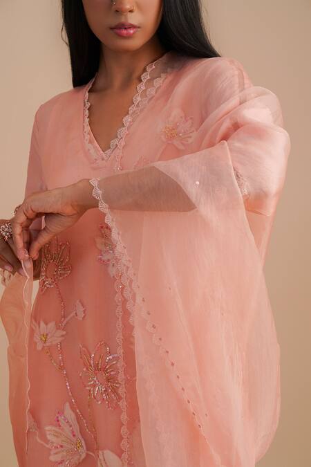 Buy_One Not Two_Pink Silk Organza Sequins, Lace Floral Embroidered Dupatta _Online_at_Aza_Fashions