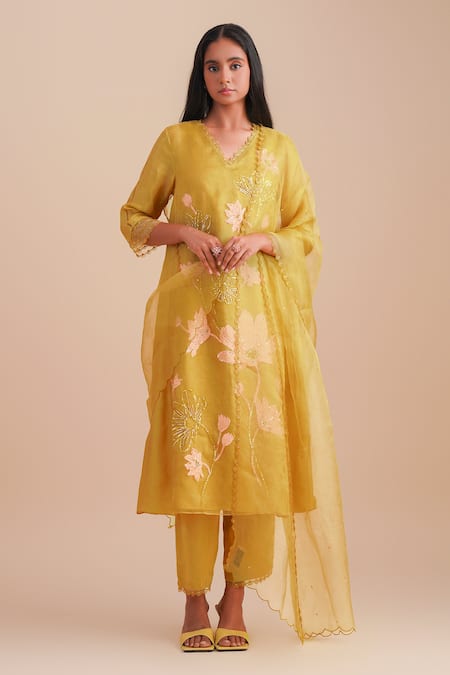 One Not Two Yellow Silk Organza Embroidery Floral Lace Dupatta