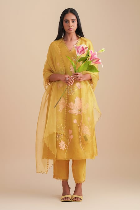 Shop One Not Two Yellow Silk Organza Embroidery Floral Lace Dupatta at Aza Fashions Shop_One Not Two_Yellow Silk Organza Embroidery Floral Lace Dupatta _at_Aza_Fashions