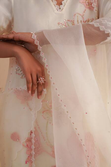 One Not Two_White Silk Organza Sequins, Embroidery Floral Dupatta _Online_at_Aza_Fashions