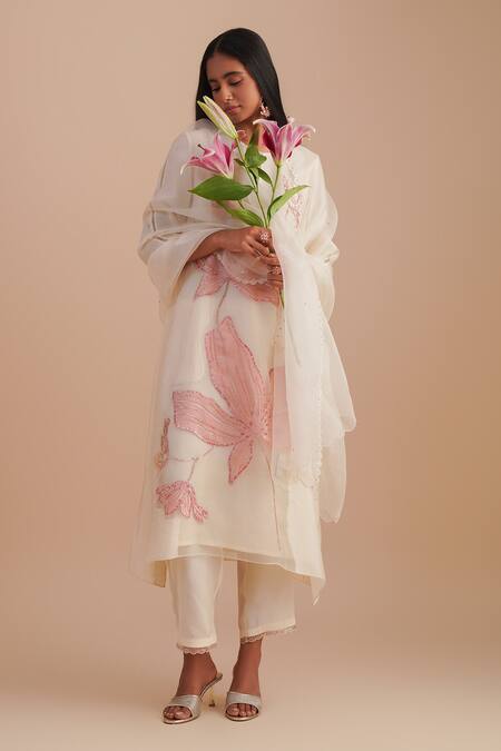 Shop_One Not Two_White Silk Organza Sequins, Embroidery Floral Dupatta _Online_at_Aza_Fashions