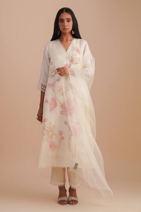 One Not Two_White Silk Organza Sequins, Embroidery Floral Dupatta _at_Aza_Fashions