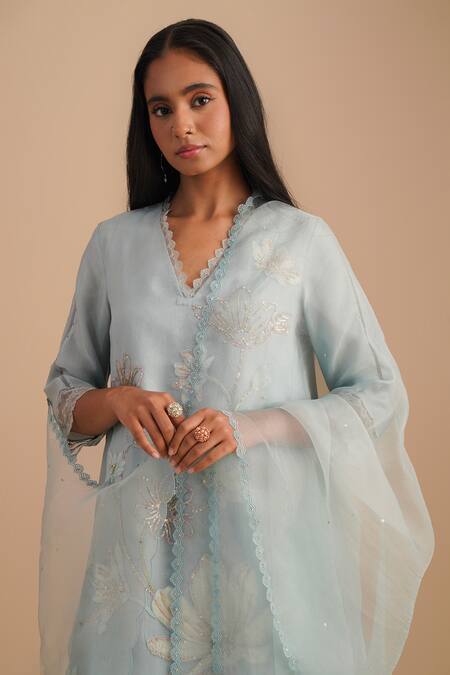 One Not Two Blue Silk Organza Sequins Floral Lace Embroidered Dupatta Online at Aza Fashions One Not Two_Blue Silk Organza Sequins Floral Lace Embroidered Dupatta _Online_at_Aza_Fashions