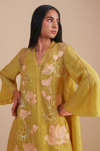One Not Two_Yellow Silk Organza, Satin Embroidery, Sequins V-neck Floral Applique Kurta Set _Online_at_Aza_Fashions