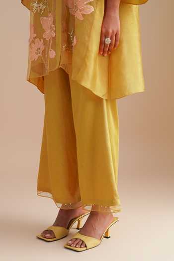 Buy_One Not Two_Yellow Silk Organza, Satin Embroidery, Sequins V-neck Floral Applique Kurta Set _Online_at_Aza_Fashions