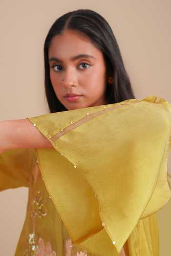 One Not Two_Yellow Silk Organza, Satin Embroidery, Sequins V-neck Floral Applique Kurta Set _at_Aza_Fashions