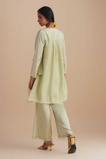 Shop One Not Two Green Silk Organza, Satin Sequins, Beads V-neck Floral Applique Kurta Set at Aza Fashions Shop_One Not Two_Green Silk Organza, Satin Sequins, Beads V-neck Floral Applique Kurta Set _at_Aza_Fashions