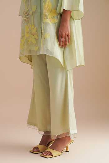 One Not Two Green Silk Organza, Satin Sequins, Beads V-neck Floral Applique Kurta Set Online at Aza Fashions One Not Two_Green Silk Organza, Satin Sequins, Beads V-neck Floral Applique Kurta Set _Online_at_Aza_Fashions