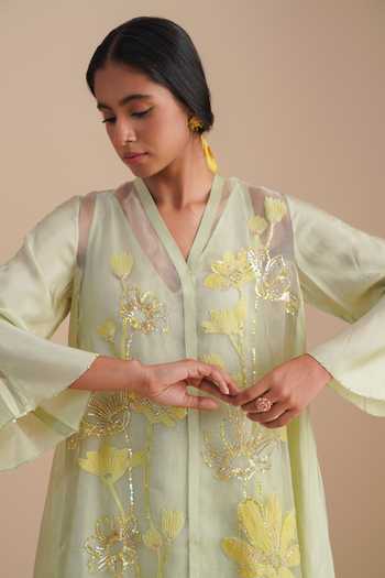 Buy One Not Two Green Silk Organza, Satin Sequins, Beads V-neck Floral Applique Kurta Set Online at Aza Fashions Buy_One Not Two_Green Silk Organza, Satin Sequins, Beads V-neck Floral Applique Kurta Set _Online_at_Aza_Fashions