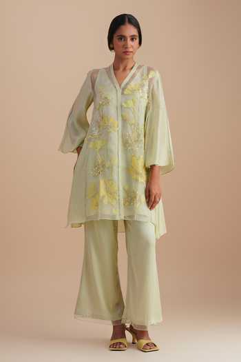 One Not Two Green Silk Organza, Satin Sequins, Beads V-neck Floral Applique Kurta Set at Aza Fashions One Not Two_Green Silk Organza, Satin Sequins, Beads V-neck Floral Applique Kurta Set _at_Aza_Fashions