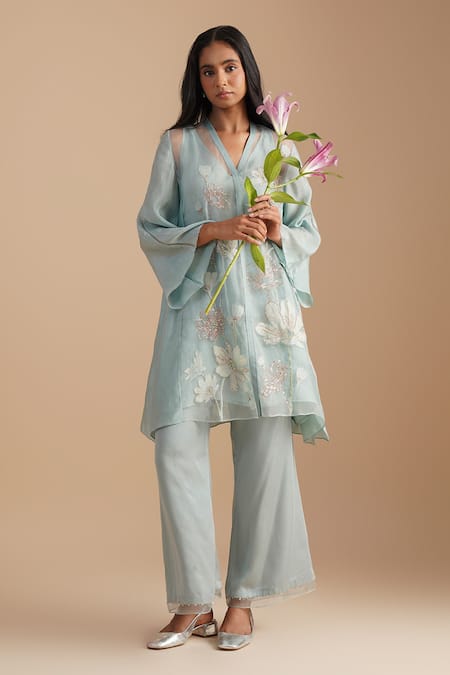 One Not Two_Blue Silk Organza, Satin Embroidery, Sequins V-neck Floral Applique Kurta Set _Online_at_Aza_Fashions