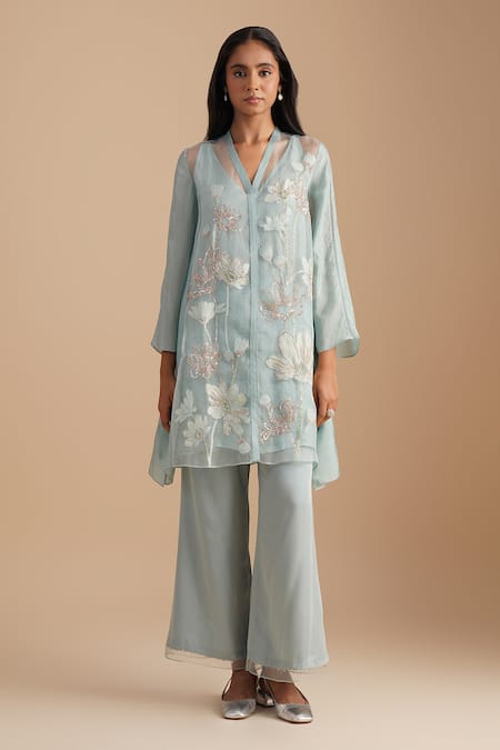 One Not Two Blue Silk Organza, Satin Embroidery, Sequins V-neck Floral Applique Kurta Set 
