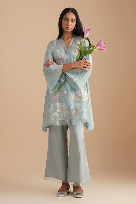 Buy_One Not Two_Blue Silk Organza, Satin Embroidery, Sequins V-neck Floral Applique Kurta Set _Online_at_Aza_Fashions