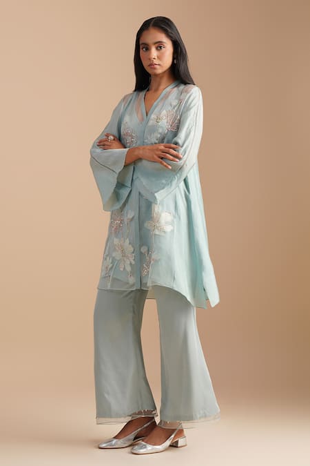 Shop_One Not Two_Blue Silk Organza, Satin Embroidery, Sequins V-neck Floral Applique Kurta Set _Online_at_Aza_Fashions