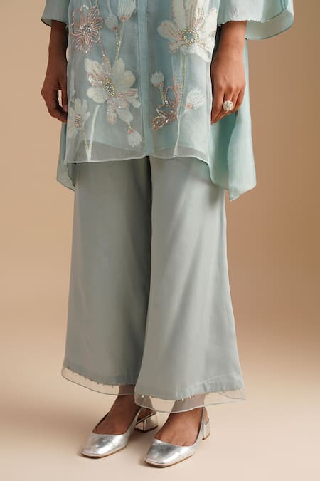 One Not Two_Blue Silk Organza, Satin Embroidery, Sequins V-neck Floral Applique Kurta Set _at_Aza_Fashions