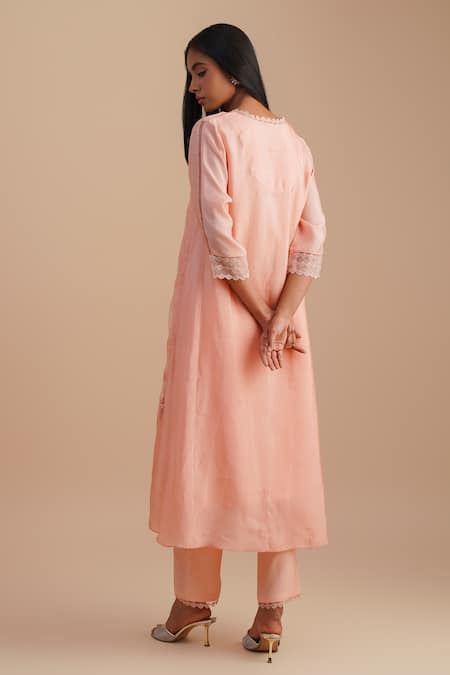 Shop_One Not Two_Pink Silk, Organza Sequins, Beads V-neck Floral Applique Kurta Set _at_Aza_Fashions