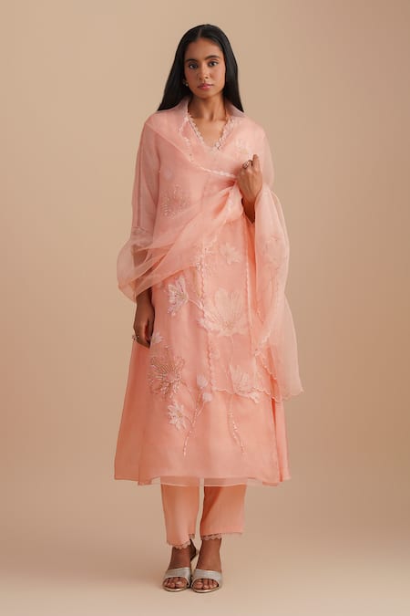 One Not Two Pink Silk, Organza Sequins, Beads V-neck Floral Applique Kurta Set 