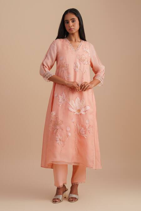 One Not Two_Pink Silk, Organza Sequins, Beads V-neck Floral Applique Kurta Set _Online_at_Aza_Fashions