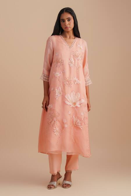 Buy_One Not Two_Pink Silk, Organza Sequins, Beads V-neck Floral Applique Kurta Set _Online_at_Aza_Fashions