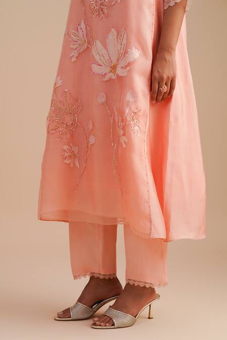 Shop_One Not Two_Pink Silk, Organza Sequins, Beads V-neck Floral Applique Kurta Set _Online_at_Aza_Fashions