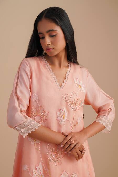 Buy_One Not Two_Pink Silk, Organza Sequins, Beads V-neck Floral Applique Kurta Set 