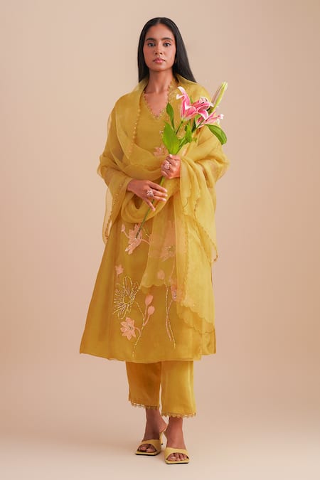 One Not Two Yellow Silk, Organza Sequins, Beads V-neck Floral Applique Kurta Set 