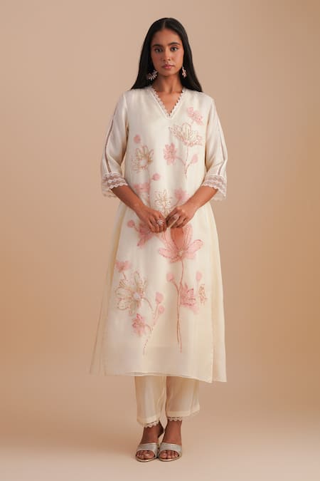 One Not Two_White Silk, Organza, Crepe Sequins, Beads V-neck Floral Applique Kurta Set _Online_at_Aza_Fashions