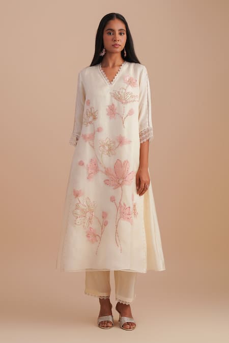Buy_One Not Two_White Silk, Organza, Crepe Sequins, Beads V-neck Floral Applique Kurta Set _Online_at_Aza_Fashions